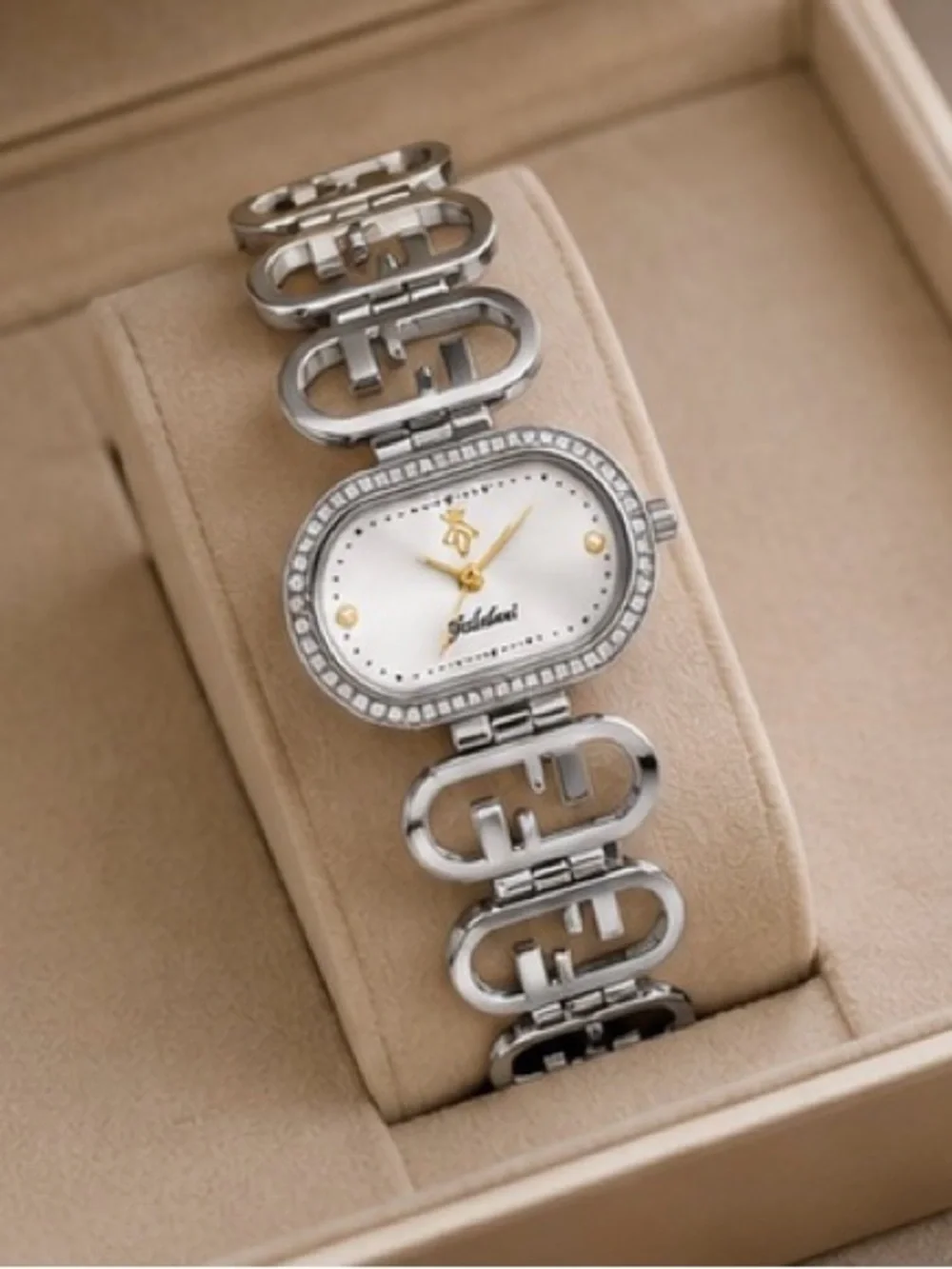 Silver Oval Crystal Bracelet Watch | Elegant Rhinestone Dress Watch for Women